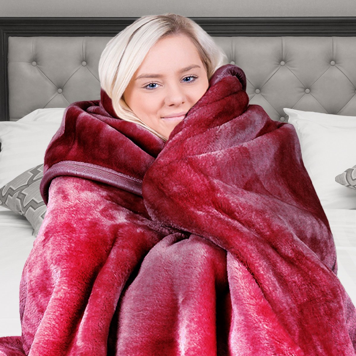 Laura Hill Double-sided Faux Mink Throw Rug Blanket in red, large size 220 x 240cm, showcasing its soft texture and luxurious appearance.